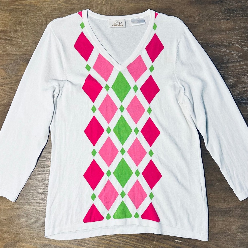 EP Pro Womens Large L White Pink Green Argyle V Neck Long Sleeve Sweater Golf‎